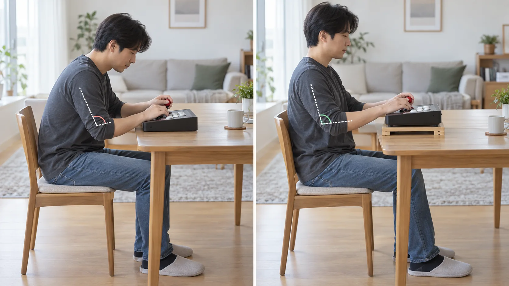 성인이 거실 테이블에서 일반적인 아케이드 조작기의 높이에 따라 팔꿈치와 손목 자세를 비교하는 연출 장면