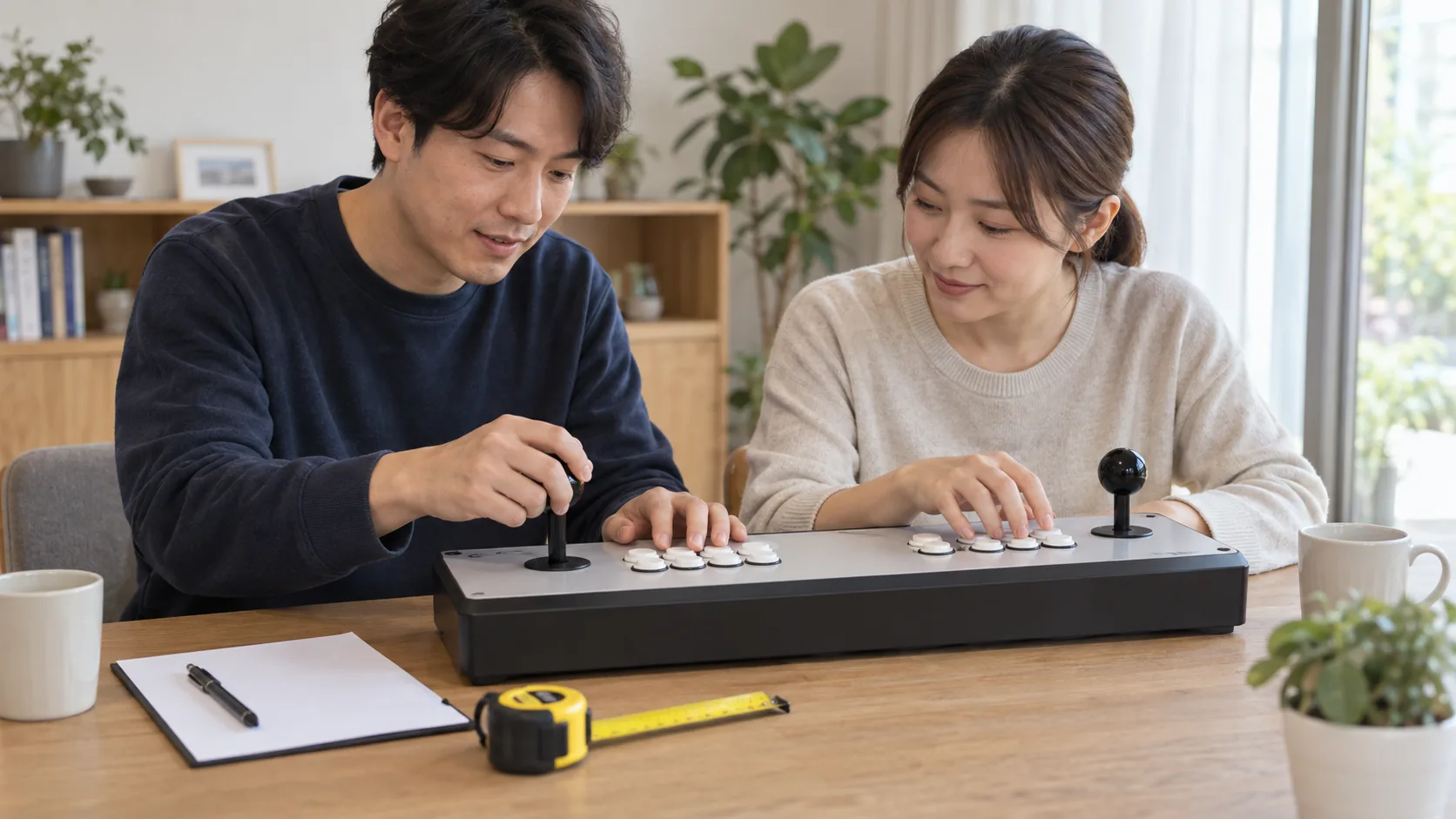 성인 두 명이 일반적인 2인용 아케이드 조작기 앞에서 손의 거리와 사용 자세를 살펴보는 연출 장면