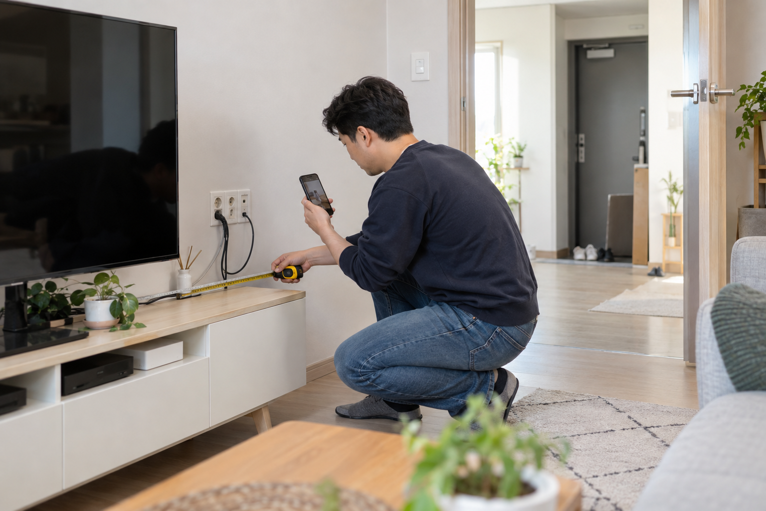 성인이 거실 TV 주변의 전원 단자와 케이블 경로를 확인해 휴대전화로 기록하는 모습
