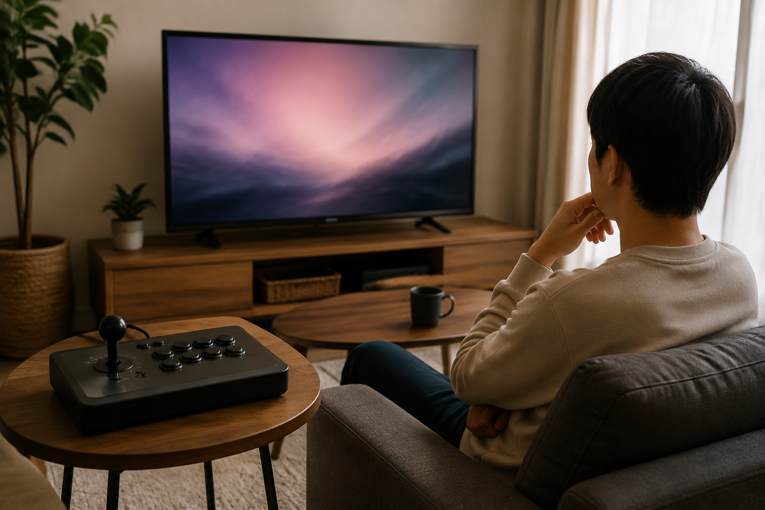 소파와 TV가 있는 거실에서 일반적인 아케이드 조이스틱을 사용하는 연출 이미지